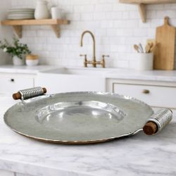 Vintage Hammered Aluminum Round Serving Tray Spring Coil Wood Handles