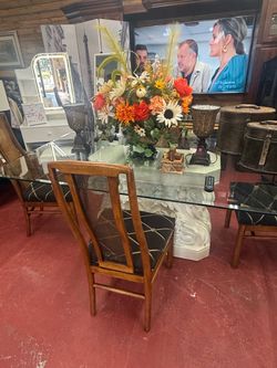Vintage Hollywood Regency Glass Top Dining Set – Sculptural Pedestal & Cane Back Chairs