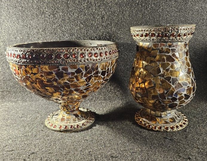 Rare Vintage Mosaic Amber Glass Tile Centerpiece Bowl & Hurricane Candle Holder Vase