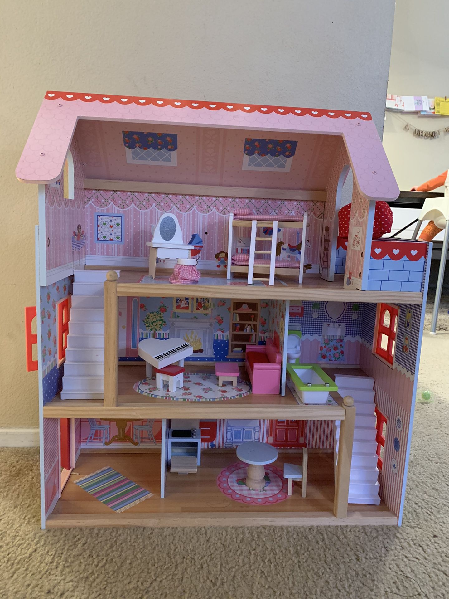 Wood Doll House With Accessories