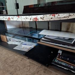 Modern Black TV Stand – Solid Top, Glass Shelves