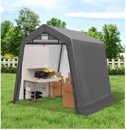 8' x 8' Outdoor Portable Storage Shelter Shed, Grey Heavy Duty Portable Shelter Carport with Ventilation Windows and Roll-up Doors, Storage Tent for B