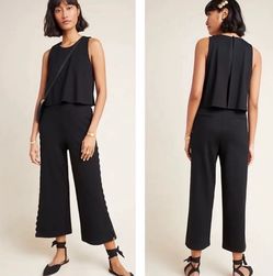 Anthropologie “Freya” Essential Jumpsuit Black Scalloped Wide Leg Sz 8