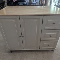 Mobile Kitchen Island Cart with Wood Drop Leaf and Two Stools