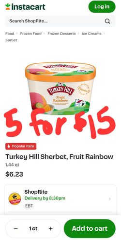 5 Containers Turkey Hill Rainbow Fruit Sherbert/ Ice Cream Only $15