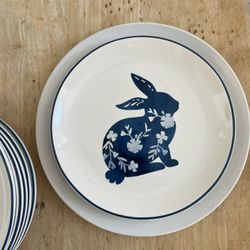 Set of 7 Ceramic Blue and White Bunny Plates