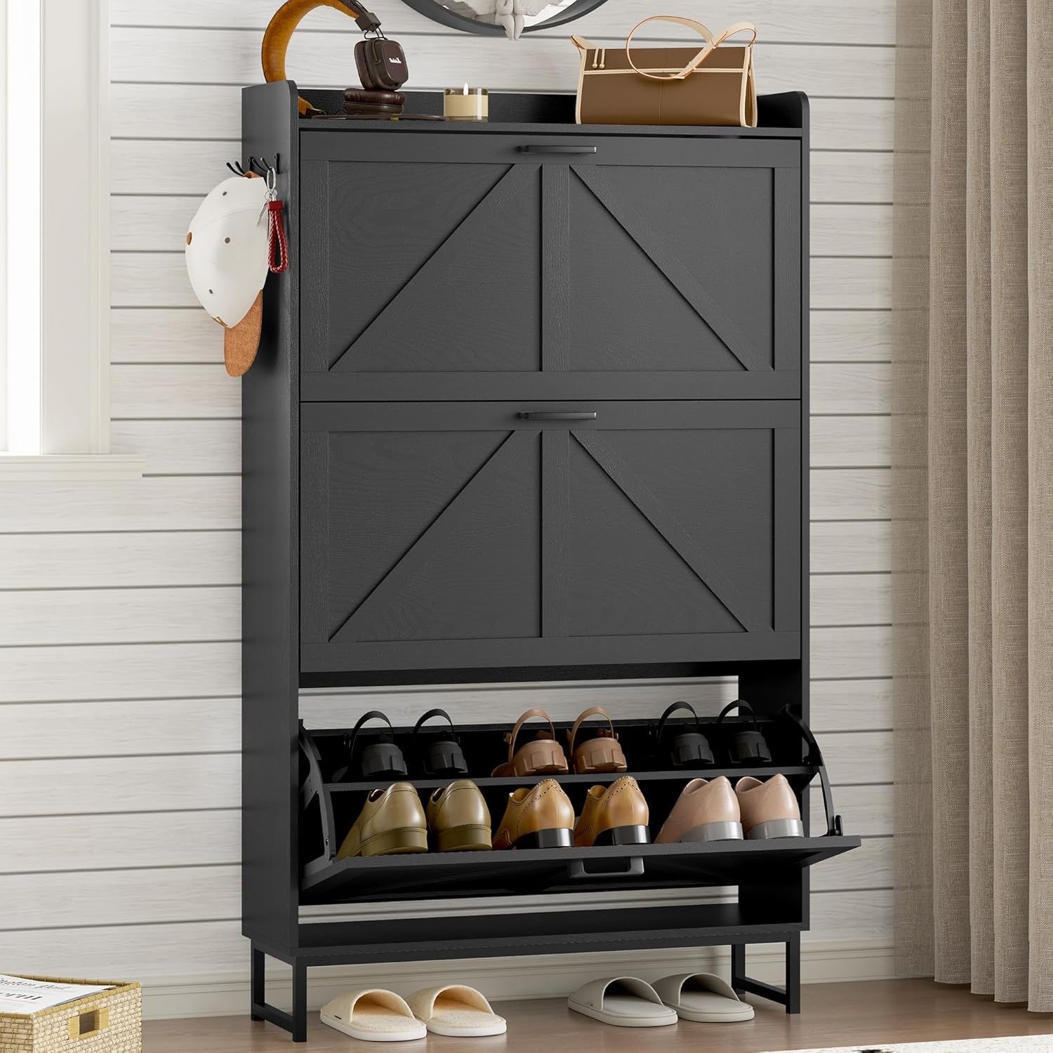 Shoe Cabinet with 3 Flip Drawers Narrow Shoe Storage Cabinet Organizer Wooden Freestanding Shoe Rack Hidden Slim Shoes Storage Cabinet for Entryway, H