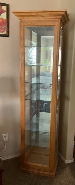Oak Curio Cabinet Lighted & Mirrored