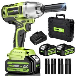 New 590 Ft Lbs IMPACT WRENCH KIT WITH TWO 4AH BATTERIES AND FAST CHARGER WITH Case AND ACCESSORIES 