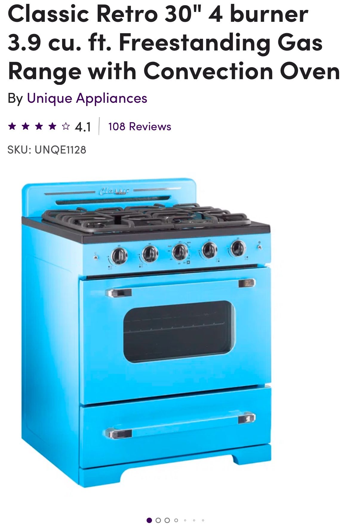 Classic Retro 30” 4 burner gas range stove with convection oven