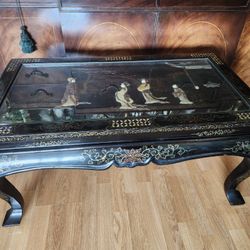 Asian Coffee Table Inlaid Soapstone, Oriental table, Black Lacquer, foldable table, good condition