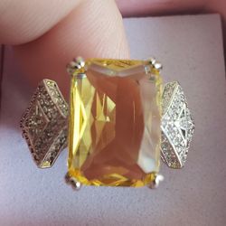 Sterling Silver Size 8 Ring With Yellow Cubic Zirconia And Small White Zirconia Paved
