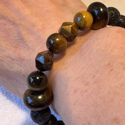 TIGERS EYE BEADED STRETCH BRACELET 7-8” Prisms Large Rondel and 10mm round 