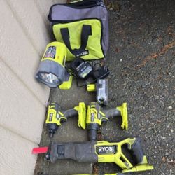 RYOBI 18V SET , DRILL , IMPACT DRIVER, SAWZALL  CHARGER AND 18V 4AH BATTERY 