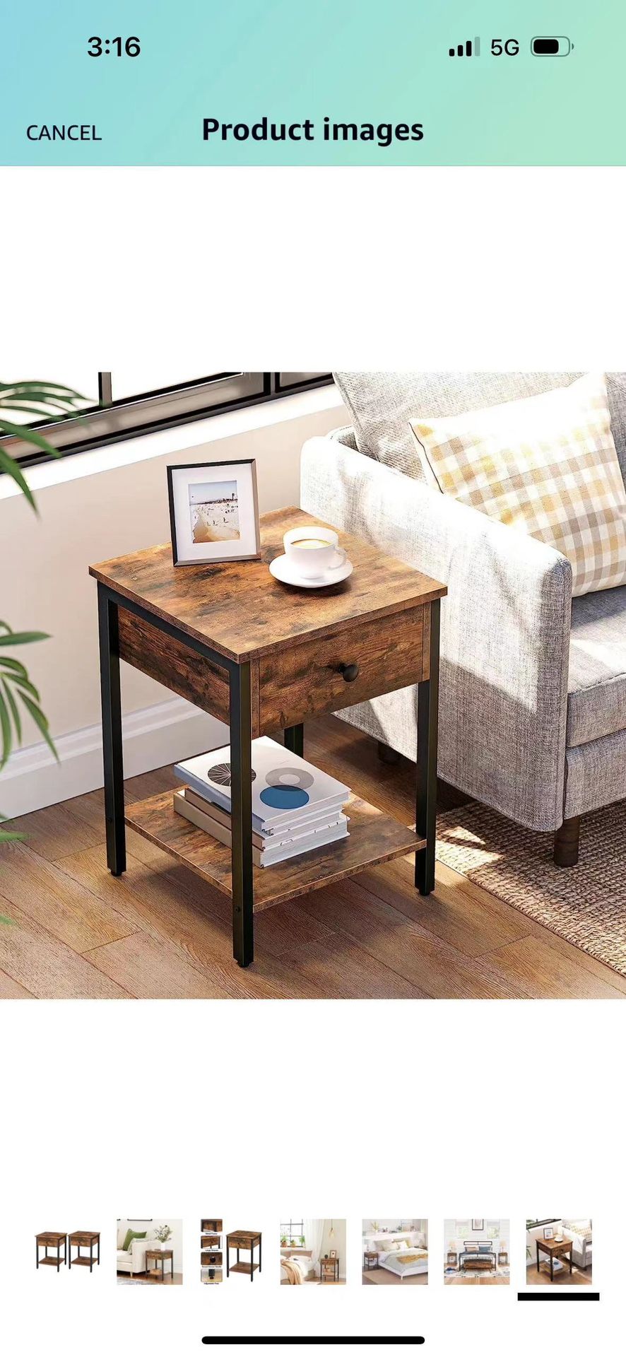 End Table, Industrial Side Table with Drawer and Storage Shelf, Wood Accent Table with Metal Frame, Easy Assembly, Rustic Brown and Black L16xW16xH24