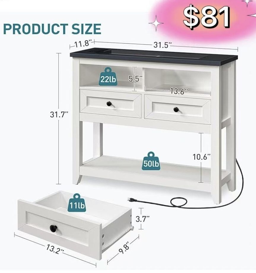 😀 Farmhouse Entryway Table with 2 Drawers, White Console Table with Power Outlets and LED Strip, Narrow Rustic Sofa Table with Storage Shelf