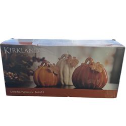 Kirkland’s Autumn Harvest Set Of 3 Ceramic Pumpkins. New Open Box.  Add a touch of autumnal charm to your home with this set of three Kirkland's Autum