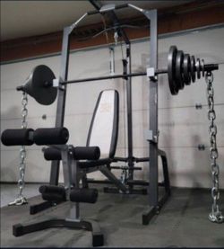 <<FREE DELIVERY>>  SQUAT RACK WITH ROW / LAT PULL DOWN + ADJUSTABLE BENCH + OLYMPIC WEIGHT PLATES + OLYMPIC BARBELL