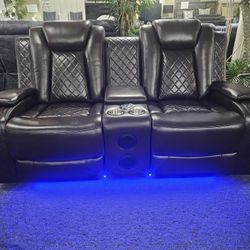 Brand New Brown Synthetic Leather Power Reclining Loveseat With Bluetooth Speakers, LED, USB