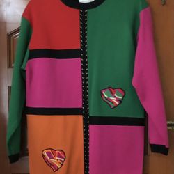 Vintage Restless Clothier Bright rainbow color with golden threads & 2 hearts sweater