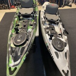 Pair Of Old Town Predator (13’) Kayaks With Trolling Motors, Batteries, & Accessories