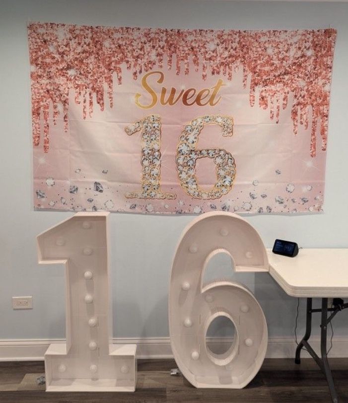 Sweet 16th Birthday Back Drop And Number Sign.