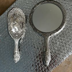 Vintage Silverplate Hand Held Mirror And Hair Brush Vanity 2Piece Ornate Heavy 