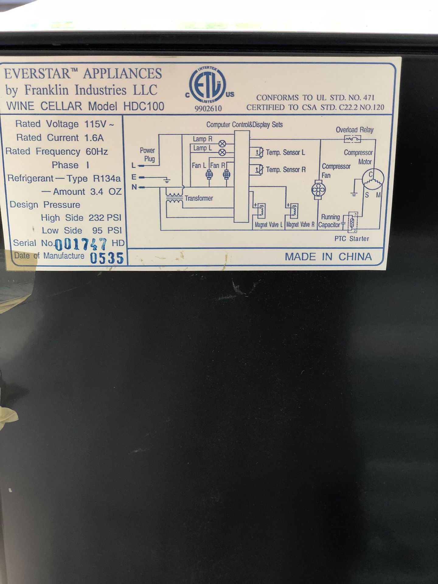 Franklin Everstar Wine Cellar / Wine Cooler Holds 100 Bottles Two