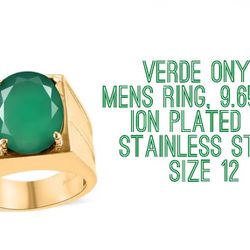 Mens Green Onyx Statements Ring, ION Plated YG, Sz.12