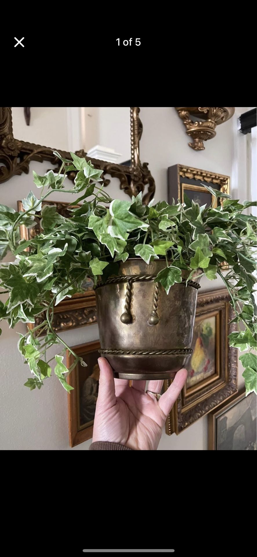 Vintage Brass Wall Pocket Hanging Planter, Faux Ivy Plant, Home Decor