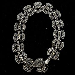 vintage 925 sterling silver marcasite link bracelet with a safety chain