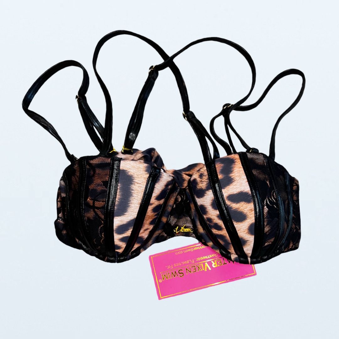 NWT Water Vixen Swim Marilyn Leather + Lace Bustier Leopard Bikini Top, Small