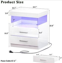 😀 2Pcs High Glossy Nightstands, Night Stand with Charging Station and LED Lights, 2 Drawers Storage with Open Shelf, Storage End Table, Bedside Table