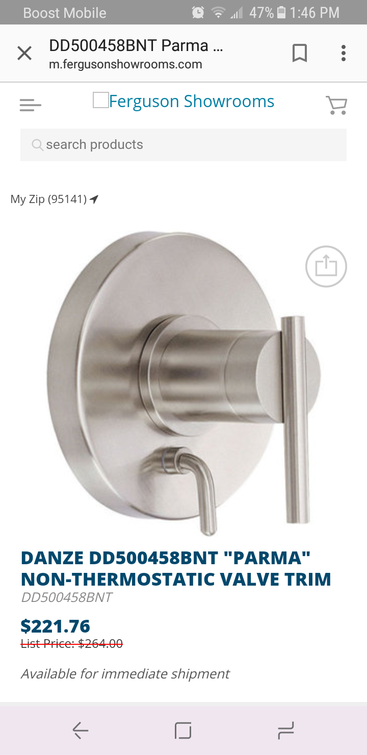 DANZE DD500458BNT "PARMA" NON-THERMOSTATIC VALVE TRIM