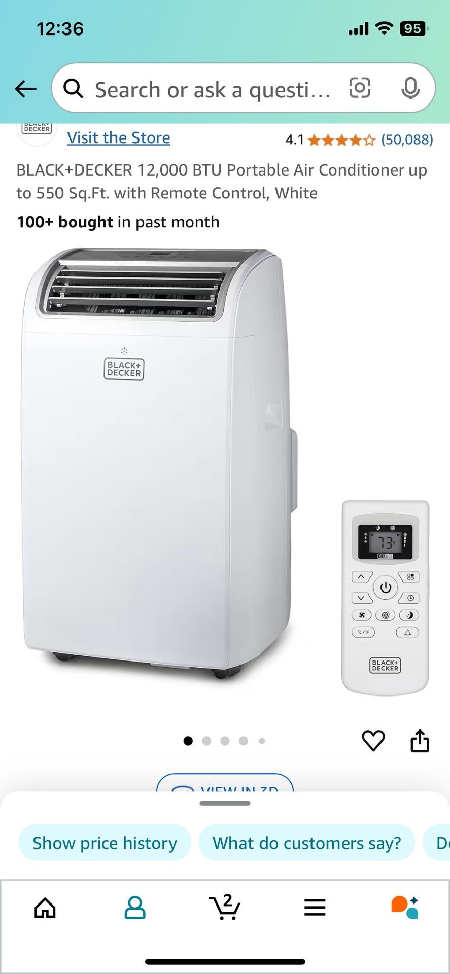 BLACK+DECKER 12,000 BTU Portable Air Conditioner up to 550 Sq.Ft. with Remote Control, White