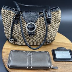 3 piece Brighton Straw and Leather wallet and Purse Tricolor Weave Clean mirror