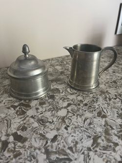 Pewter sugar bowl and creamer