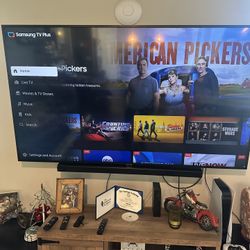 Samsung 75” Tv, Sound Bar Surround Speakers And Woofer