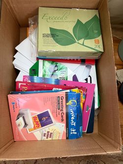 NIB lot OFFICE TREASURES including a ream of Exceedo Premium Recycled 20lb copy paper, printable greeting cards for inkjet printers, multiuse printer 