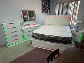 White LED Bedroom Set with Bed, Dresser, Mirror, Chest, Nightstand