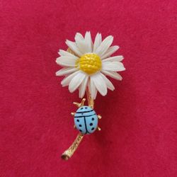 Vintage Signed LG Lind-gal Brooch Pin Daisy  Ladybug Gold Plated 