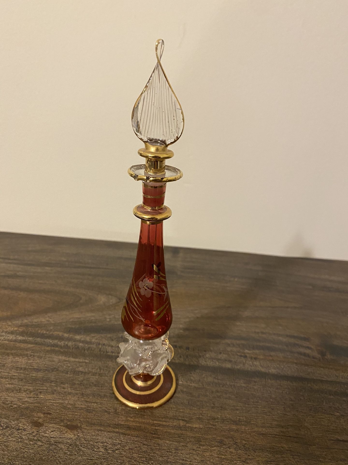 Antique Egyptian Perfume Glass Bottle Etched Cranberry Rose Gold