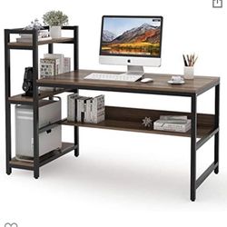 (NEW) Computer Desk with 4-Tier Storage Shelves, 60 inch Modern Large Office Desk Computer Table Studying Writing Desk Workstation with Bookshelf and 
