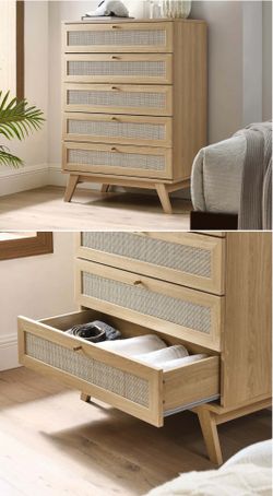 Move out deal- Modern Oak & Rattan 5-Drawer Dresser