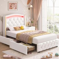 Upholstered Twin LED Bed Frame with Crystal Button-Tufted Headboard & 4 Storage Drawer, Modern PU Princess Twin Size Platform Bed Frames for Kids/Girl
