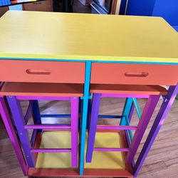 Colorful Table (on Wheels)With Two Stools 