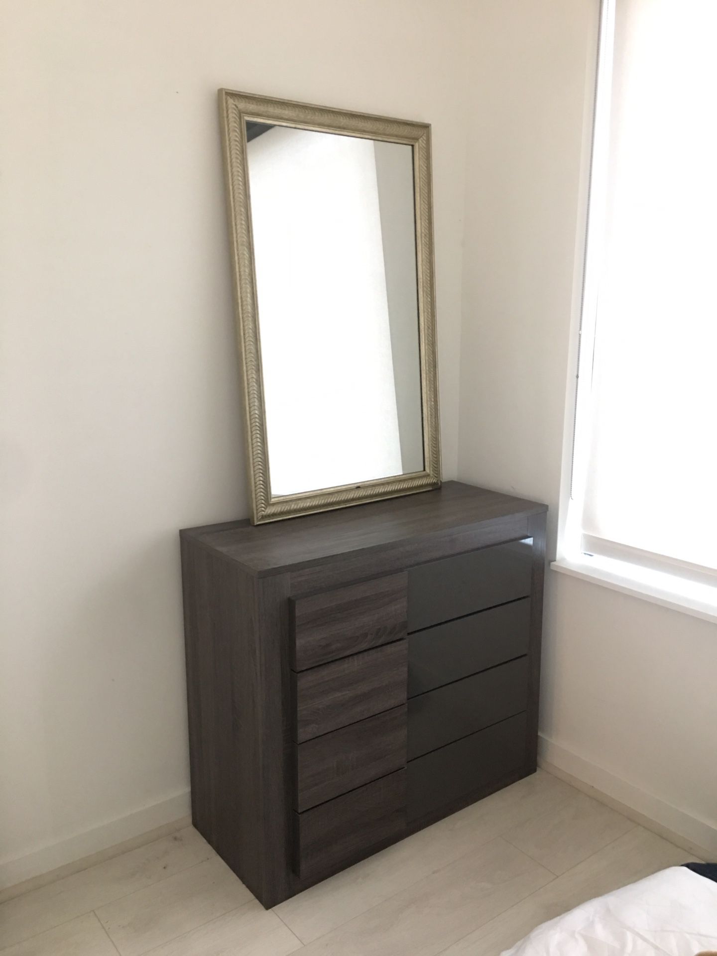 Modern dresser and nightstand set. Mirror and lamp also for sale.