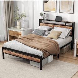New Full Size Bed Frame with Storage Headboard,USB Charging Station,Metal Platform Double Bed Frame Full Size,Reinforced Steel Slats Support,No Box Sp