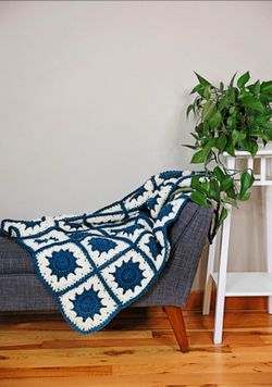 Handmade Crochet Granny Square Blanket Navy Blue Cream Throw Cottagecore