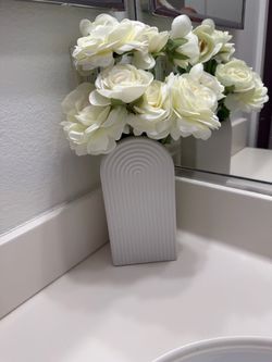 White Ceramic Arch Vase with Faux Flowers